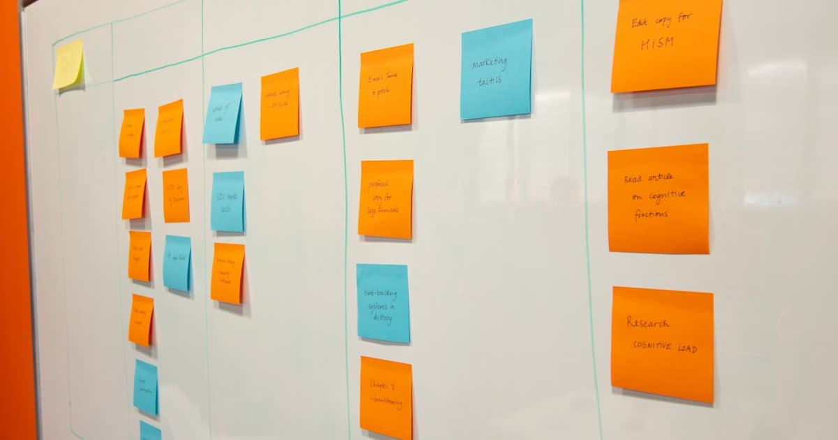 Een whiteboard met plaknotities. Planningskennis zit in het hoofd van de planner, niet op papier.